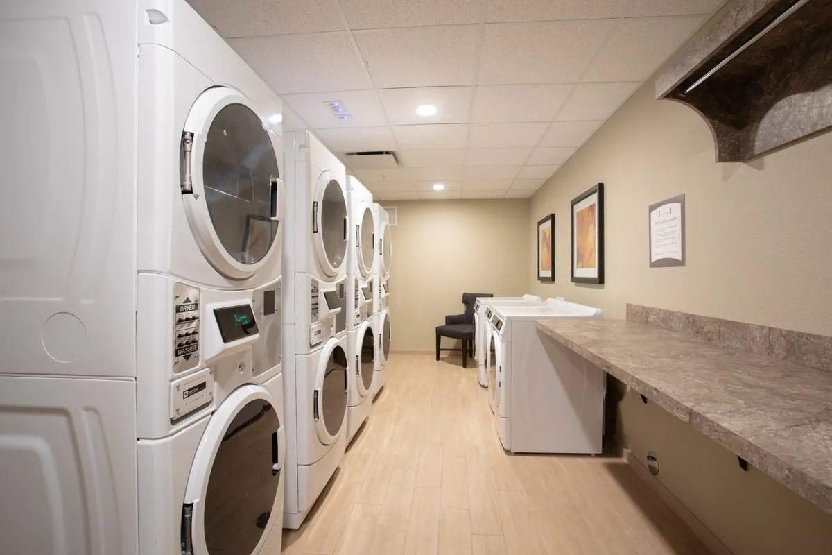 A serene laundry room with modern washing machines and dryers neatly lined up, a countertop for folding, comfortable seating, and tasteful artwork on the wall. The space conveys both practicality and a calm, orderly atmosphere.